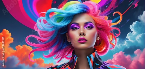 A woman with colorful hair  stands confidently against a surreal background of floating clouds and abstract  swirling patterns. Bold primary to cosmic neon colors. Striking contrast.