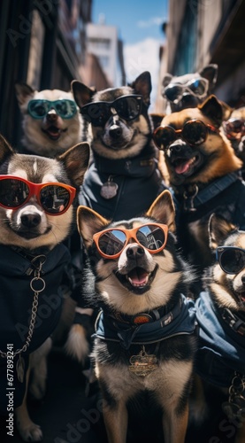 dogs portrait with sunglasses, Funny animals in a group together looking at the camera, wearing clothes, having fun together, taking a selfie, An unusual moment full of fun and fashion consciousness.