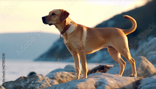 Yellow retriever puppy playing on sandy beach at sunset generated by AI