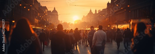 Blurred Crowd of people walking around the city on the sunset © LunaKate