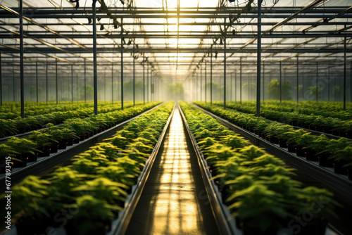 Rows of lush green plants growing in a sunlit greenhouse  highlighting the concept of sustainable agriculture. Generative Ai.