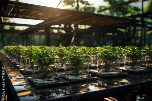 Freshly sprouted herbs thriving in an eco-friendly greenhouse, exemplifying organic cultivation. Generative Ai.