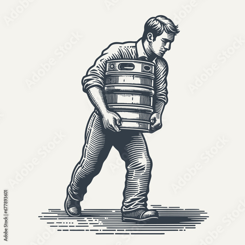 Man carrying metal Keg - Vintage Woodcut style vector Illustration.