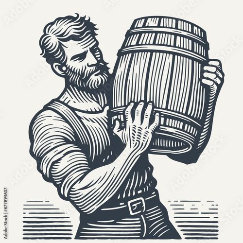 Man carrying Small Wooden Barrel - Vintage Woodcut style vector Illustration.