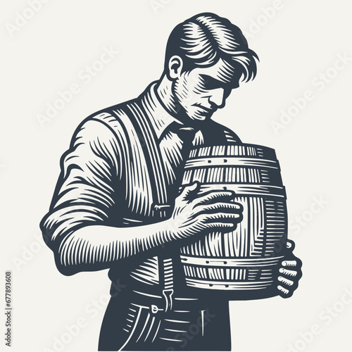 Man holding Small Wooden Barrel - Vintage Woodcut style vector Illustration.