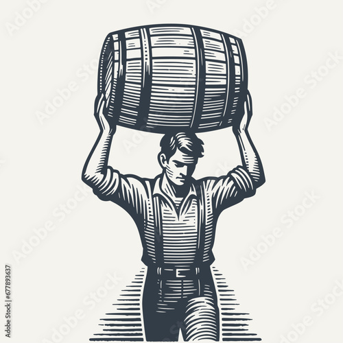 Man carrying Small Wooden Barrel - Vintage Woodcut style vector Illustration..