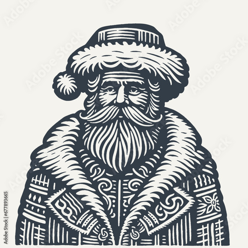 Vintage Decorative Santa Woodcut Style Vector Illustration.