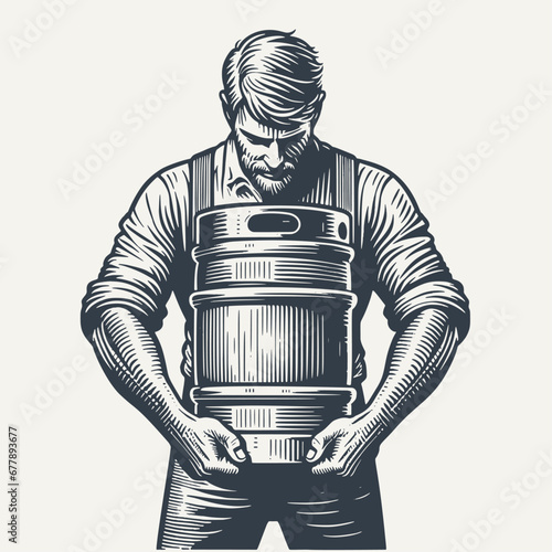 Man carrying metal Keg - Vintage Woodcut style vector Illustration.