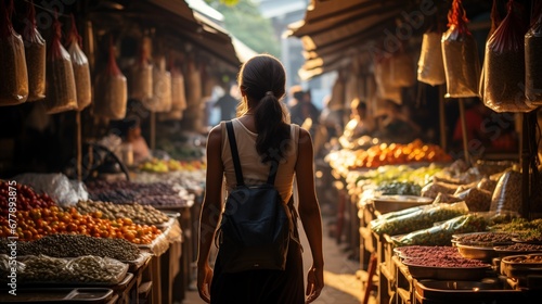 sun casting a golden hue, a woman with a ponytail and backpack explores a market, surrounded by stalls showcasing dried goods in hanging bags and an array of grains young woman shopping outdoor market