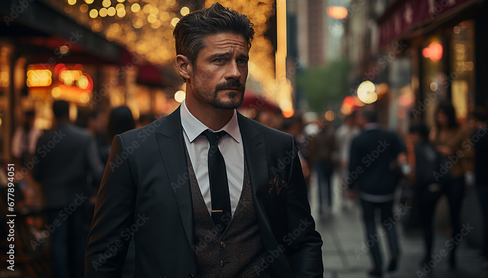 Confident businessman in a suit, standing outdoors, looking at camera generated by AI Confident businessman in a suit, standing outdoors, looking at camera generated by AI
