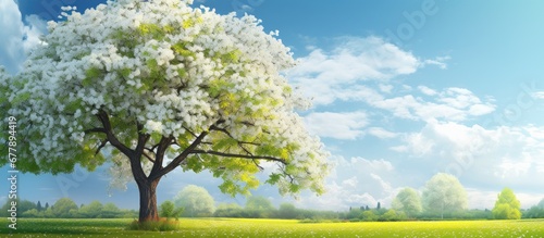 background of the lush green park amidst the vibrant spring blossoms a majestic tree stands tall adorned with white floral blooms creating a picturesque scene against the clear blue sky Natu © TheWaterMeloonProjec