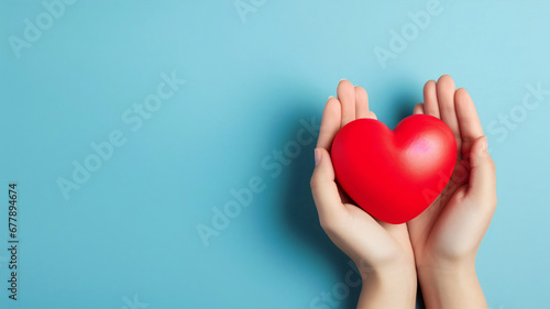 Red heart in hands on a blue background  generative AI