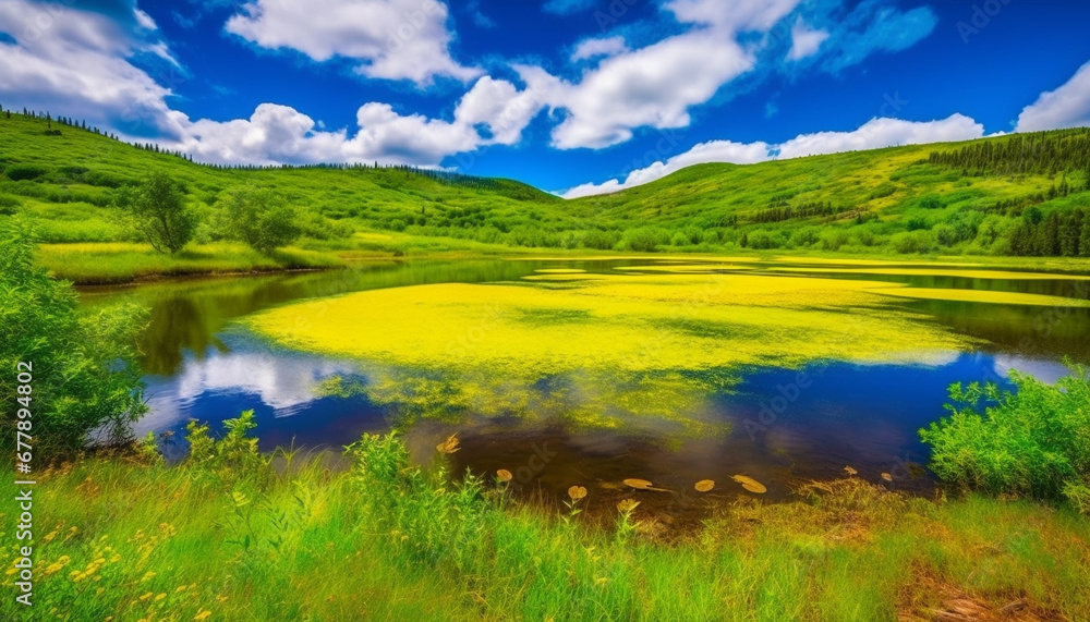 Idyllic mountain meadow reflects vibrant autumn colors in tranquil scene generated by AI