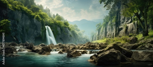 breathtaking landscape a majestic forest with vibrant green trees stands tall against the backdrop of towering mountains and a tranquil river flows cascading down a rock forming a mesmerizi