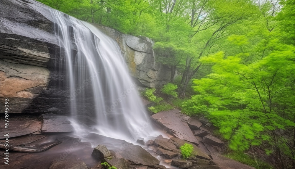Obraz premium Tranquil scene of majestic forest, flowing water, and green beauty generated by AI