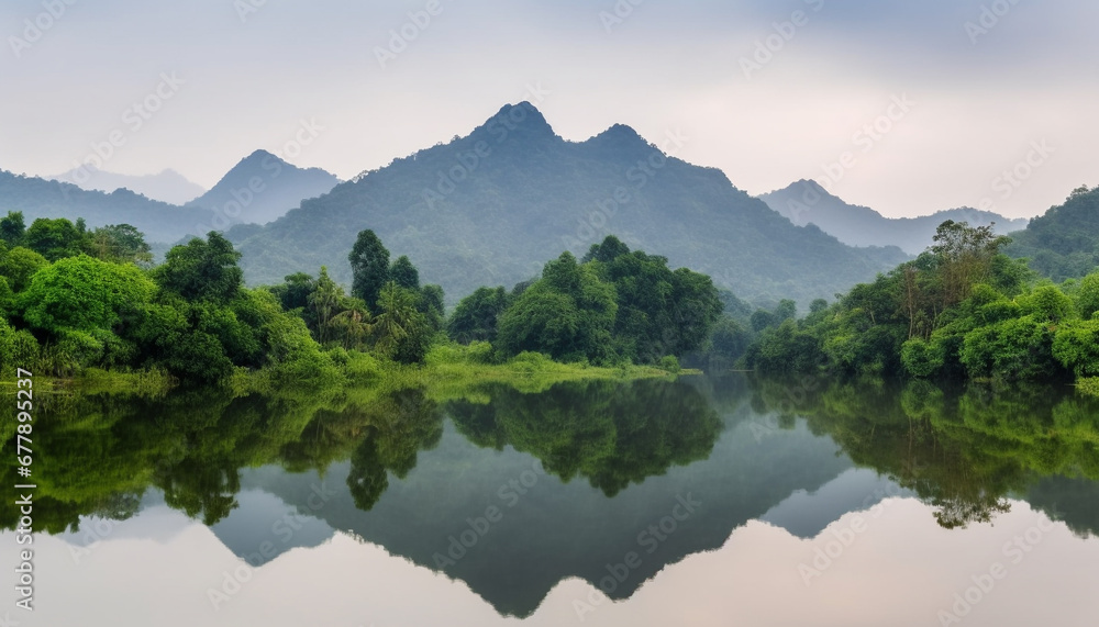 Tranquil scene of mountain range reflects in calm water below generated by AI
