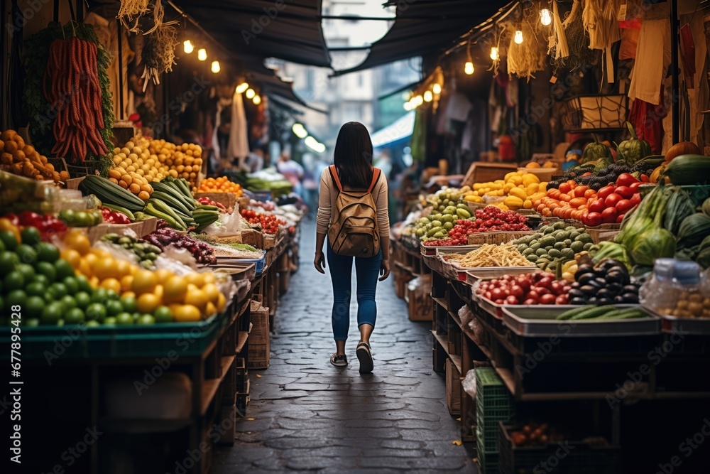 A woman with a backpack strolls through a vibrant marketplace, surrounded by colorful fresh produce and hanging goods.  young woman shopping outdoor market