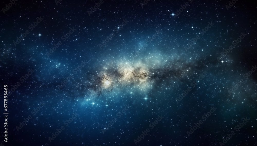 Fototapeta premium Night sky illuminated by bright star trail and spiral galaxy generated by AI