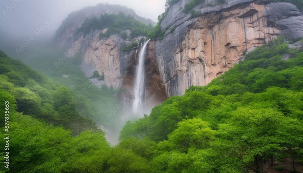 Fototapeta premium Hiking through majestic mountain ranges, surrounded by natural beauty generated by AI