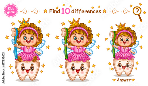 Cute magic tooth fairy princess butterfly with toothbrush, find 10 difference children education puzzle game. Fantasy elf character. Dental hygiene cleaning. Compare picture. Kid learning task. Vector