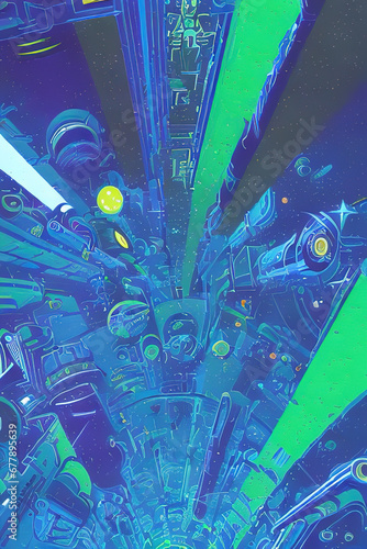 Retrofuturism style, abstract background blue and green colors, generated by Ai photo