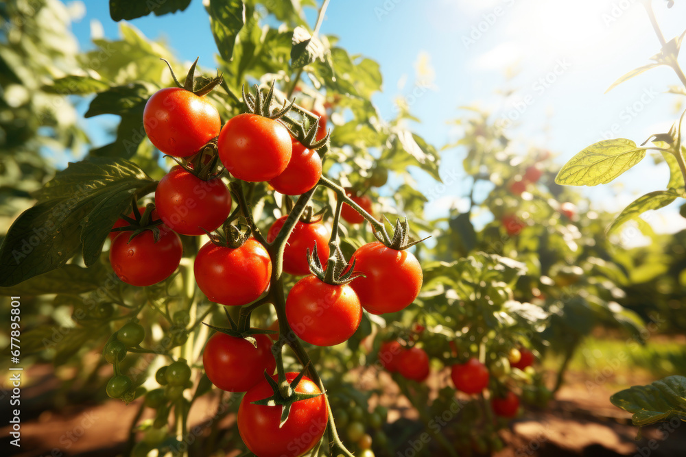 Tomato plants reaching maturity, embodying the farm-to-market principle and fresher produce for consumers. Generative Ai.