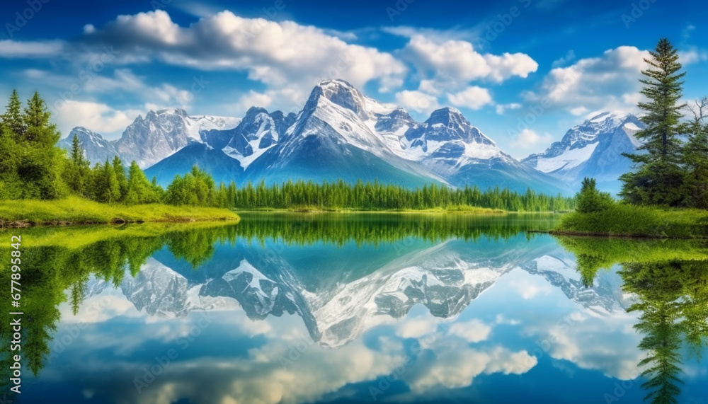 Majestic mountain range reflects in tranquil water, natural beauty abounds generated by AI
