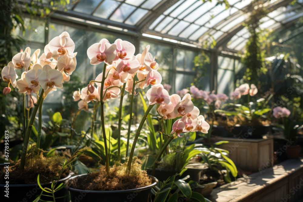 Exotic orchids and rare botanical specimens thriving in a greenhouse for conservation and educational purposes. Generative Ai.