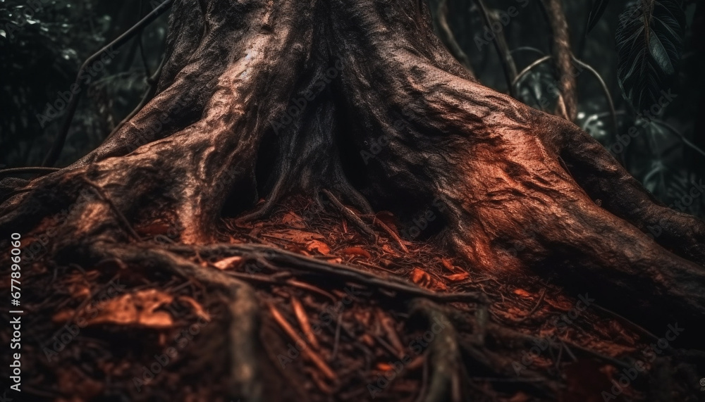 Ancient tree trunk holds mystery of growth in rural landscape generated by AI Ancient tree trunk holds mystery of growth in rural landscape generated by AI