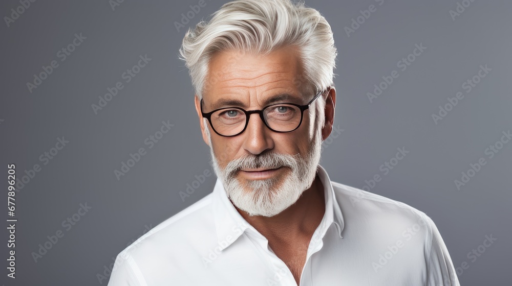 Portrait of a confident 60s 70s mid aged mature man looking at camera on white background. Caucasian bearded aging model man with serious expression. Fashion male older model. Beard style for senior