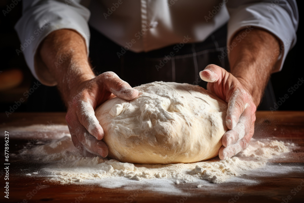 A baker's hands kneading dough on a floured surface, demonstrating the skill of artisan baking. Generative Ai.