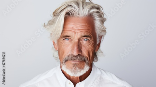 Portrait of a confident 60s 70s mid aged mature man looking at camera on white background. Caucasian bearded aging model man with serious expression. Fashion male older model. Beard style for senior