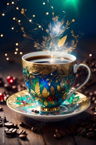 opal coffee cup Christmas Chatoyant  winter  magic-Ai generator 