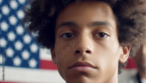 Cute mixed race boy with curly hair smiles at American flag generated by AI