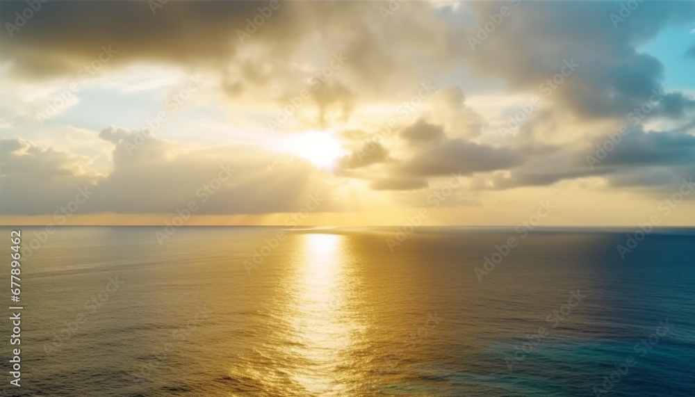 Vibrant sunset over tranquil seascape, a heavenly panoramic view generated by AI