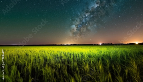 Milky Way illuminates star trail in vibrant non urban landscape generated by AI photo