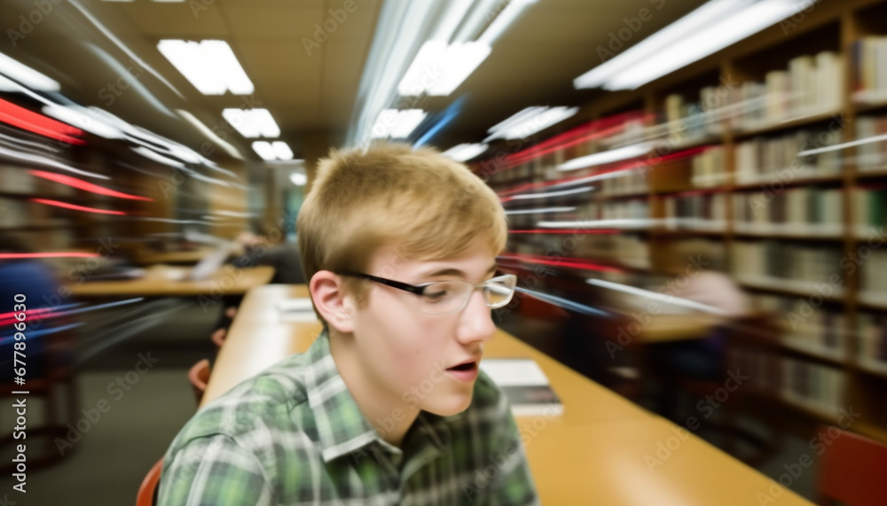 Elementary student reading book, surrounded by blurred bookshelves and classmates generated by AI Elementary student reading book, surrounded by blurred bookshelves and classmates generated by AI