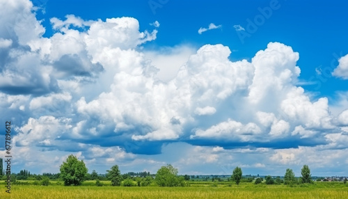 Vibrant green meadow under clear blue sky on sunny day generated by AI