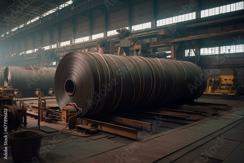 Huge metal coil in manufacturing. Generative AI photo
