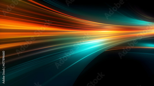 A Vibrant colored light tails waves background with blue and orange streaking lights  modern light art backdrop design  dynamic illumination of the beauty technology 