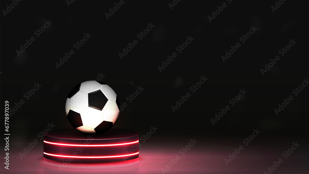 3d soccer ball on the podium with neon halogen lamps on a black background.