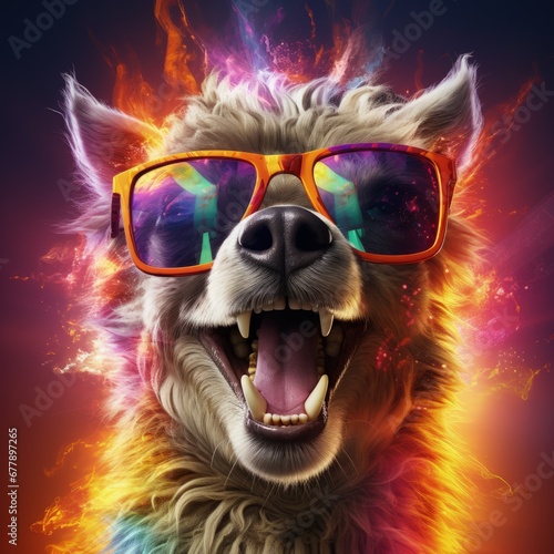 lama portrait with sunglasses, Funny animals in a group together looking at the camera, wearing clothes, having fun together, taking a selfie, An unusual moment full of fun and fashion consciousness. © Ruslan Batiuk