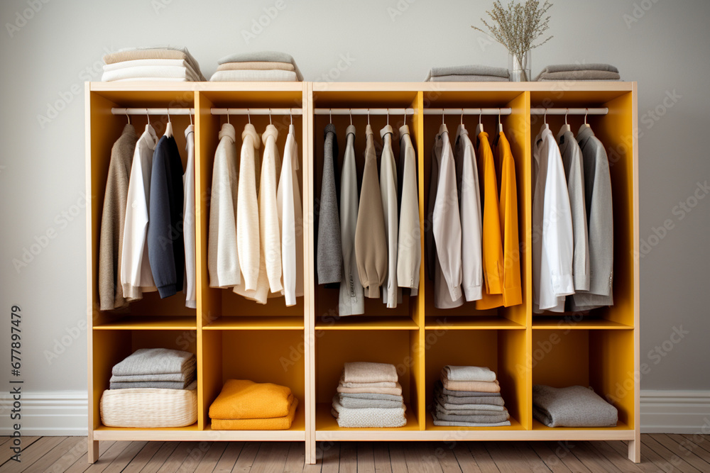 organization of spaces for proper and convenient storage of clothes and things in the style of minimalism, the concept of reducing excessive consumption, conscious purchases, waste reduction,