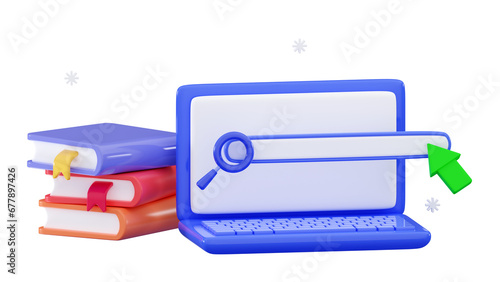 3d online book search Laptop with stack books Education concept Online learning