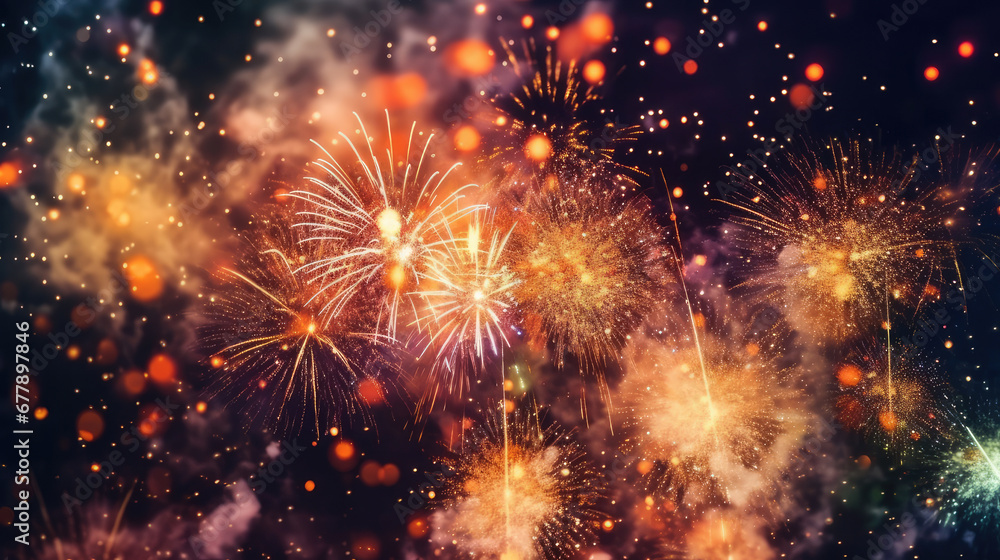 Fototapeta premium Happy New Year Fireworks Natural Colors , Background For Banner, HD