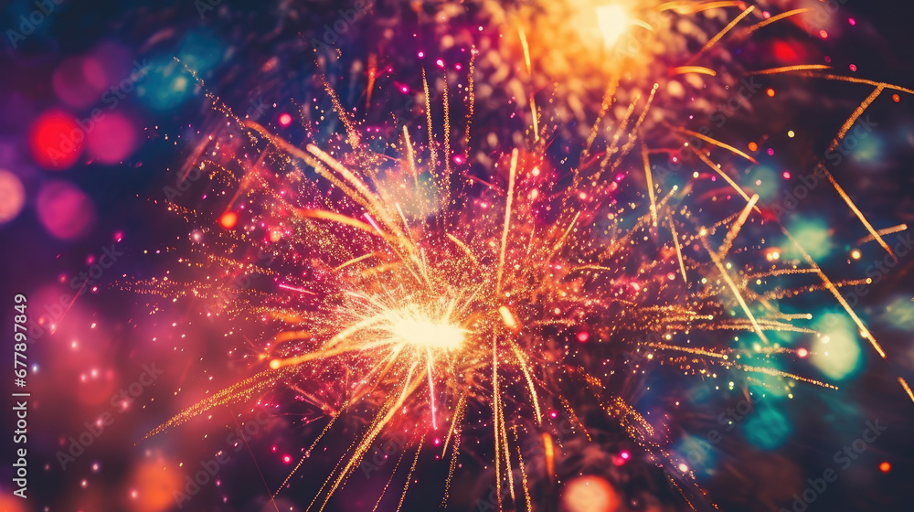 Fototapeta premium Happy New Year Fireworks Natural Colors , Background For Banner, HD