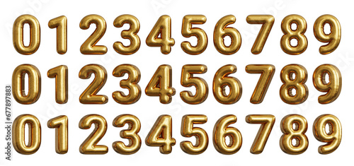 Set of golden inflated balloons numbers or digits, with angle variations. 3d render. photo
