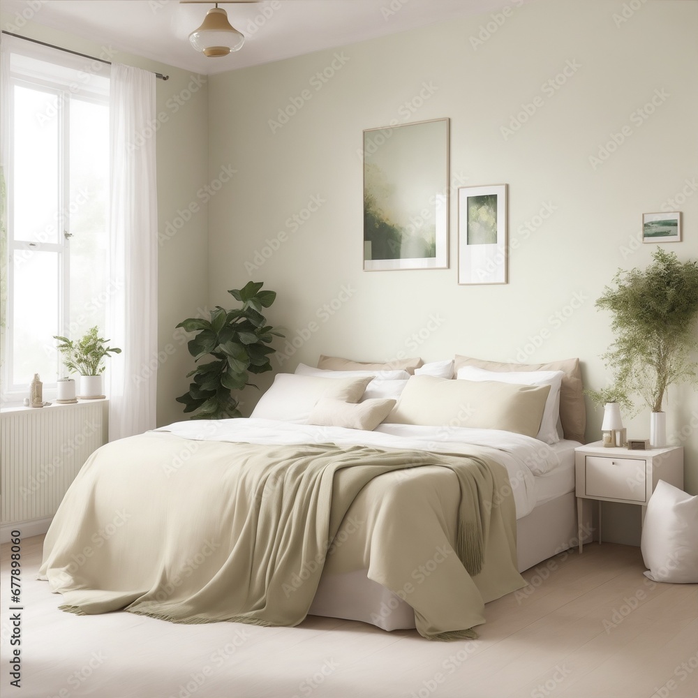 bedroom white and pale green Generative AI bedroom white and pale green Generative AI