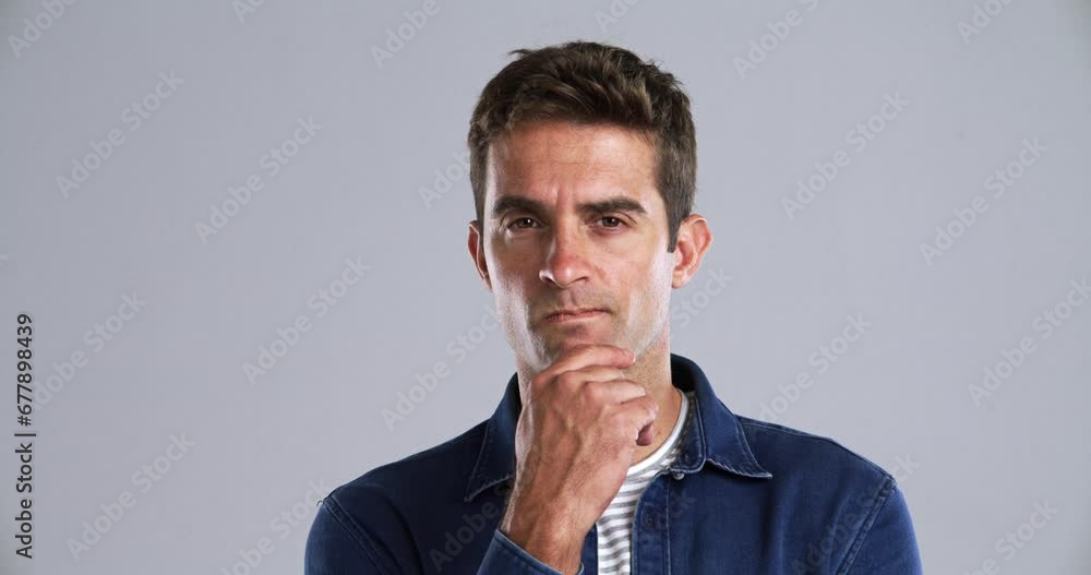 Thinking, solution or man with ideas, face or questions with model on grey studio background. Person, memory or portrait with inspiration, problem solving or planning with insight, remember or doubt Thinking, solution or man with ideas, face or questions with model on grey studio background. Person, memory or portrait with inspiration, problem solving or planning with insight, remember or doubt