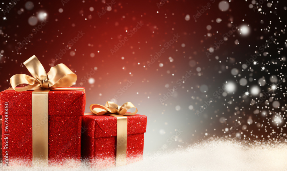 snowy christmas background with red gift boxes and gold bows snowy christmas background with red gift boxes and gold bows